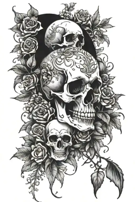 Skull in covin with moon and flowers with a tarot card border tattoo design idea