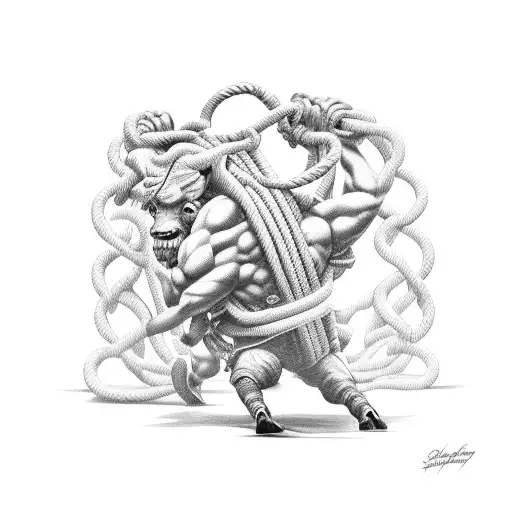 Rigger climbing a giant carabao made of ropes tattoo design idea
