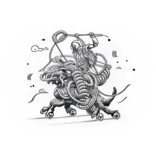 Rigger climbing a giant carabao made of ropes tattoo design idea