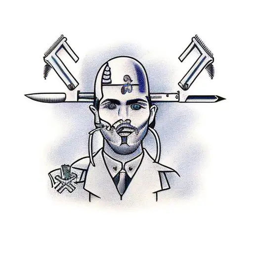 surgical scalpel forming a cross, with a surgeon's face in the background tattoo design idea