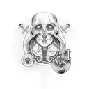 surgical scalpel forming a cross, with a surgeon's face in the background tattoo design idea