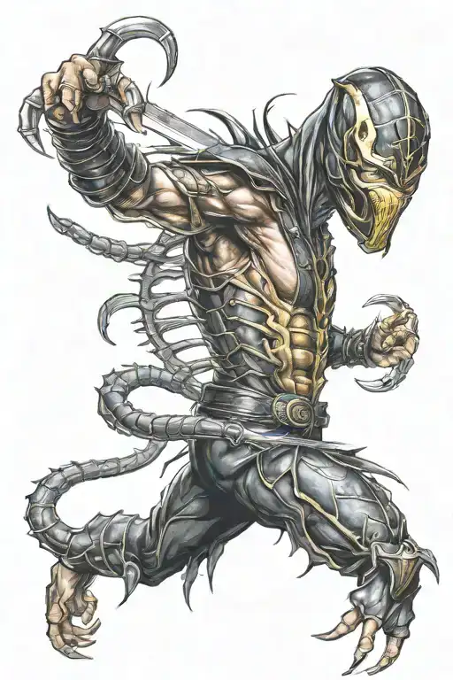 scorpion from mortal kombat, with a flaming sword tattoo design idea
