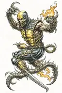 scorpion from mortal kombat, with a flaming sword tattoo design idea
