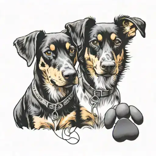 doberman and australian shepherd holding 5 balloons of fingerprints tattoo design idea