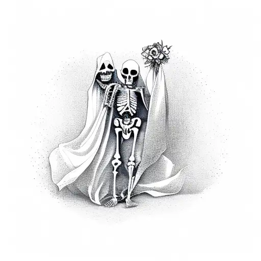 skeleton in cloak dancing with woman with flowers tattoo design idea