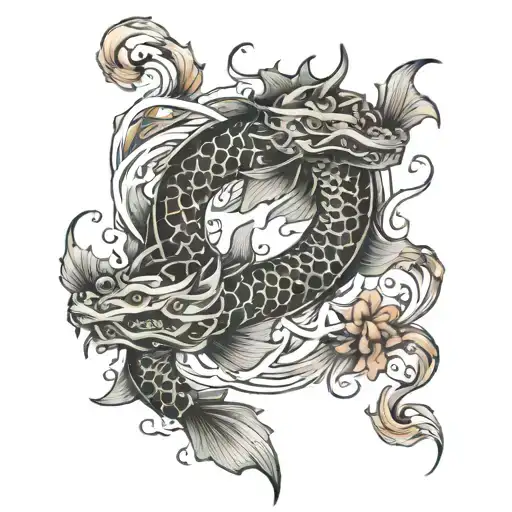 dragon intertwined koi fish swimming tattoo design idea