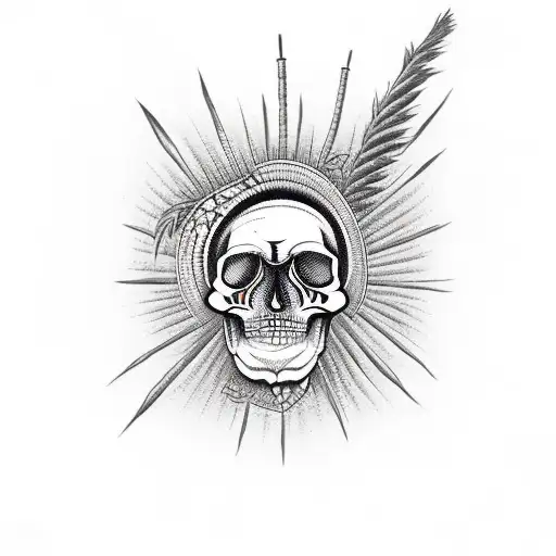 Campfire on a beach with a palm tree and out of the smoke of the fire is an native american tribal skull tattoo design idea