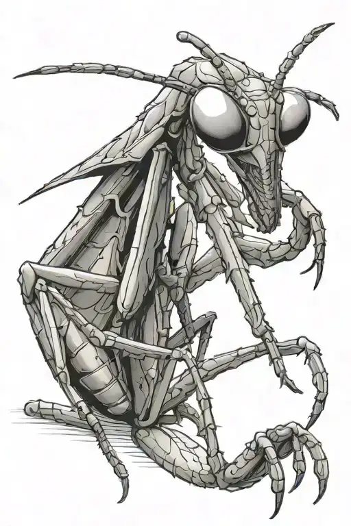 praying Mantis with red line over head emerging tattoo design idea