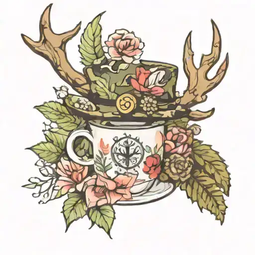 camo hat antlers white coffee cup surrounded by blooming tattoo design idea