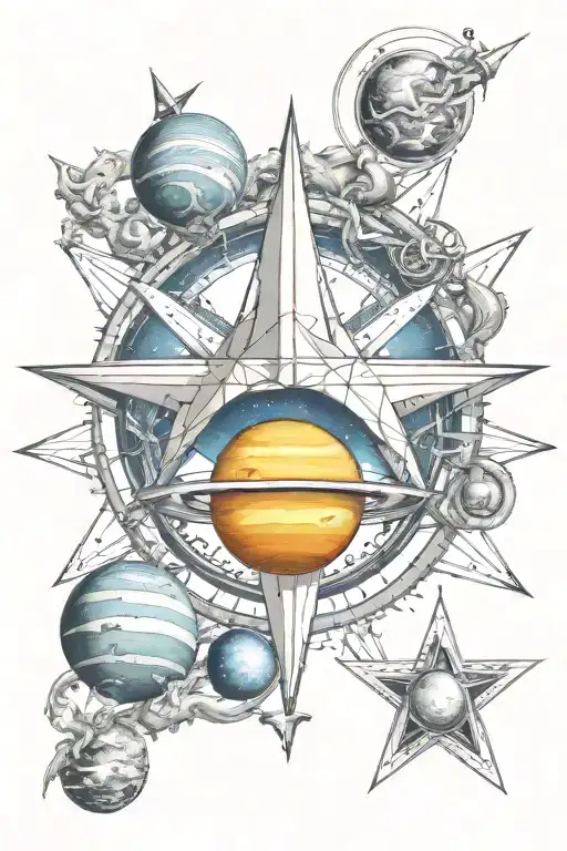 5 point nautical star with saturn and venus in color for a girl  tattoo design idea