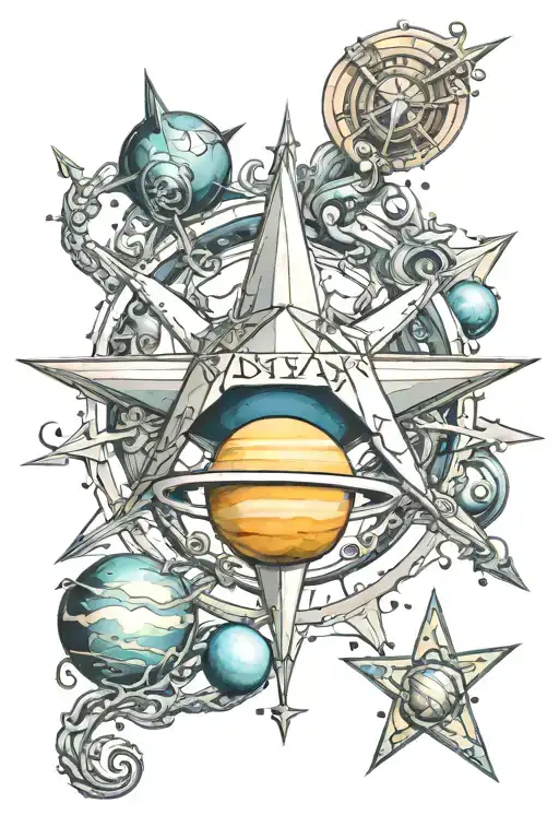 5 point nautical star with saturn and venus in color  tattoo design idea