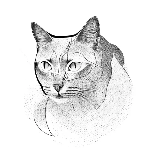 three-eyed cat in the style of dotwork. The cat is depicted in full profile, its body curved in a smooth curve, creating tattoo design idea