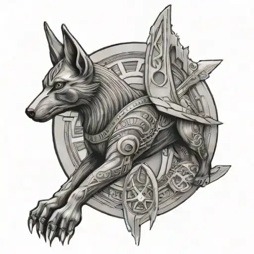 A black-grey tattoo of Anubis guarding a Stargate entrance tattoo design idea