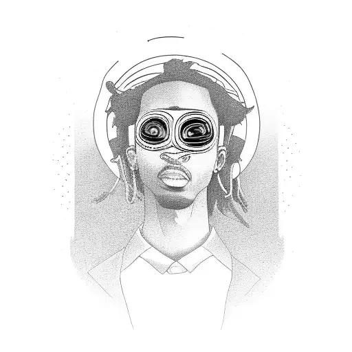 A minimalist portrait of Playboi Carti with a mask inspired by MF DOOM tattoo design idea