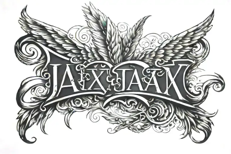 The name Jax in bold letters, with an angel wing on either side flared out, positioned on the right forearm tattoo design idea