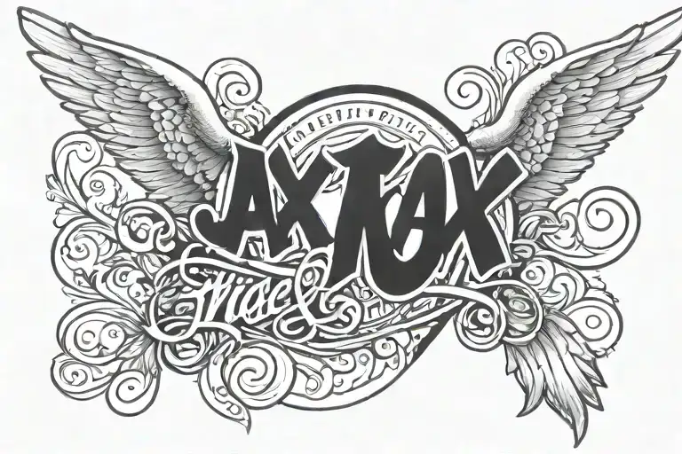 The name Jax in nice script, with an angel wing on either side flared out, positioned on the right forearm tattoo design idea