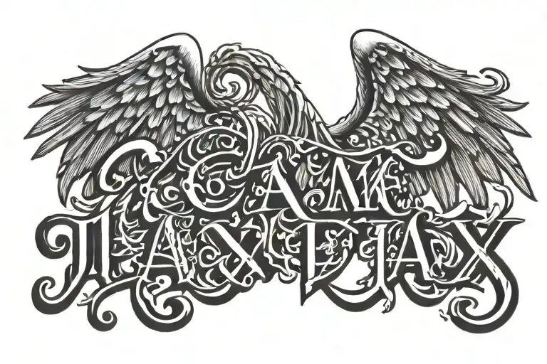 The name Jax written once in bold letters, with an angel wing on either side tattoo design idea