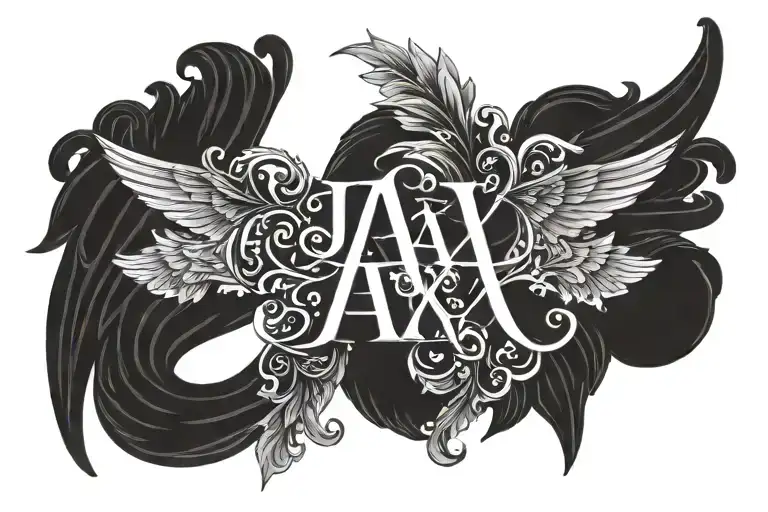 The name Jax written once in bold letters, with an angel wing on either side tattoo design idea