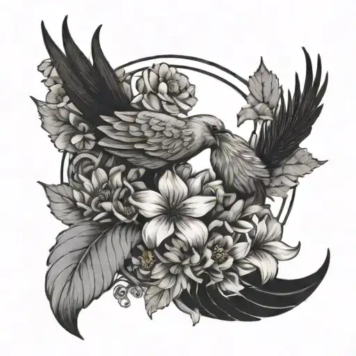 crescent moon made of flowers with a cardinal pitched on the bottom tattoo design idea