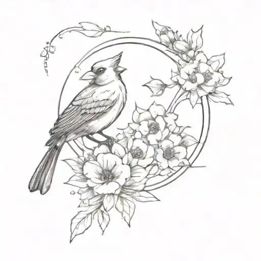crescent moon made of flowers with a cardinal pitched on the bottom tattoo design idea