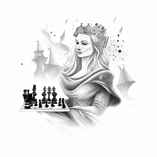 Queen on a chess board  on a stormy sea falling tattoo design idea