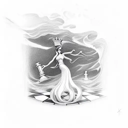 Only chess peice Queen on a chess board  on a stormy sea falling tattoo design idea