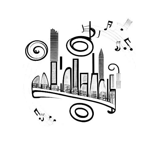 Musical notes forming the shape of a city skyline tattoo design idea
