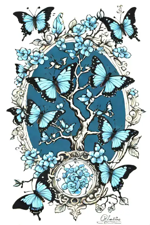 Japanese cherry tree with my children's names Emma Léna Manon and Léo. And 8 blue butterflies tattoo design idea