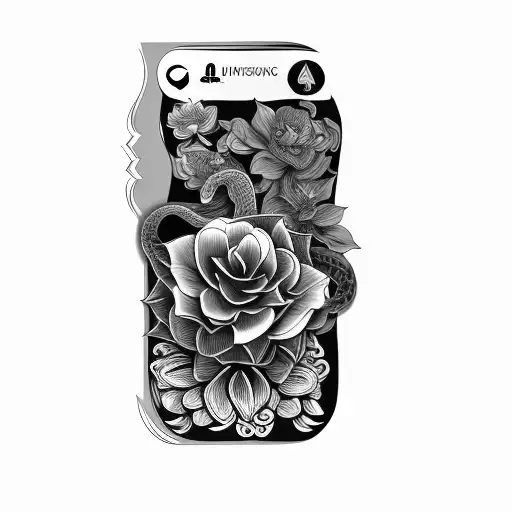 a black and white drawing of a flower and a snake tattoo design idea
