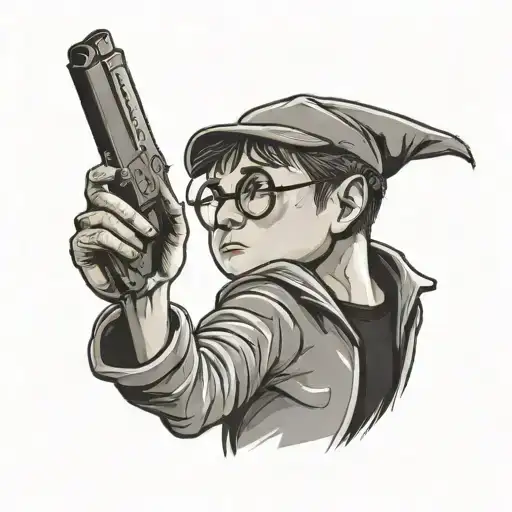   Harry Potter with a wrench in his right hand and a chocolate bar in his left hand, with a Kalashnikov rifle on tattoo design idea