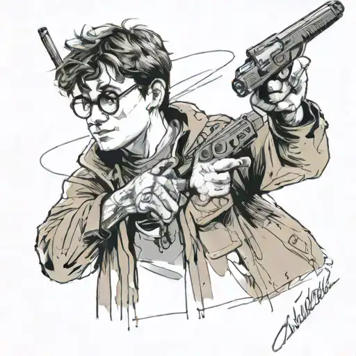 Sketch of Harry Potter with a wrench in his right hand and a chocolate bar in his left hand, with a Kalashnikov rifle on tattoo design idea