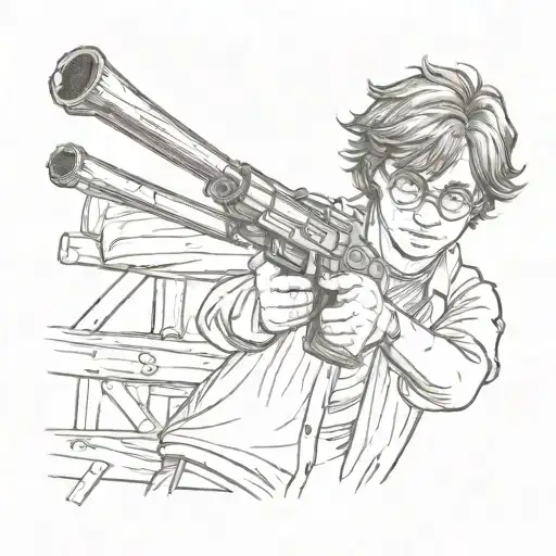 Sketch of Harry Potter with a wrench in his right hand and a chocolate bar in his left hand, with a Kalashnikov rifle on tattoo design idea