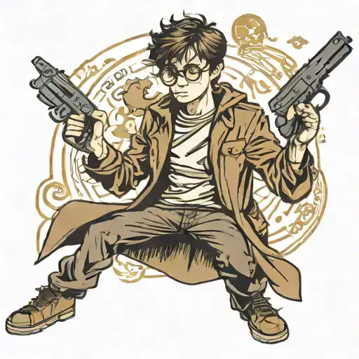   Harry Potter with a wrench in his right hand and a chocolate bar in his left hand, with a Kalashnikov rifle on tattoo design idea