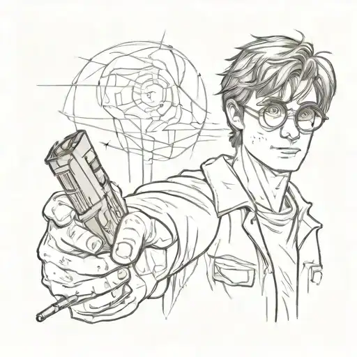 Sketch of Harry Potter with a wrench in his right hand and a chocolate bar in his left hand  tattoo design idea