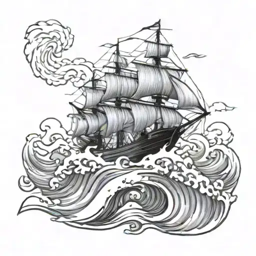 ship with waves storm and lightning storm tattoo design idea