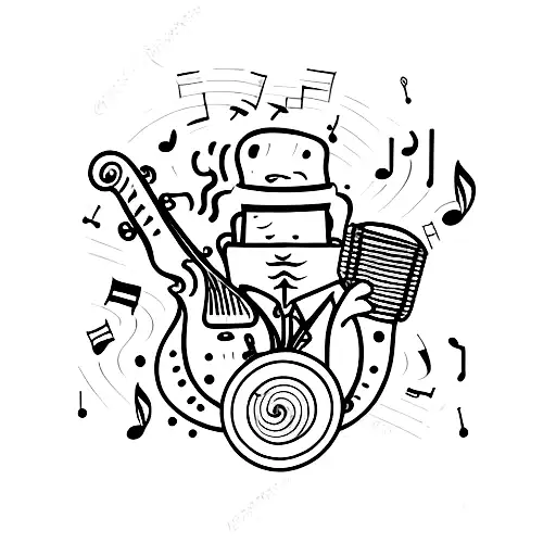 A bartender mixing drinks with musical instruments as ingredients tattoo design idea