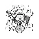 A bartender mixing drinks with musical instruments as ingredients tattoo design idea