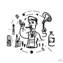 A bartender mixing drinks with musical instruments as ingredients tattoo design idea