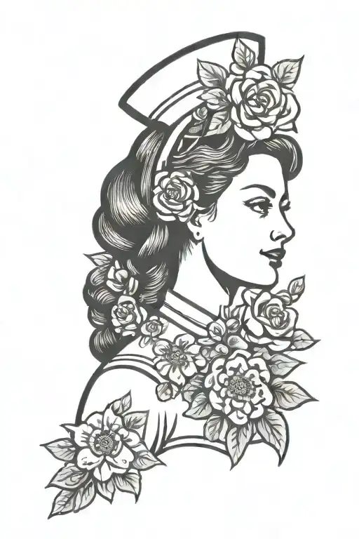 nurse with flowers tattoo design idea