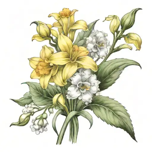 birth flower bouquet small single flower of each daffodil, carnation, lily of the valley  tattoo design idea