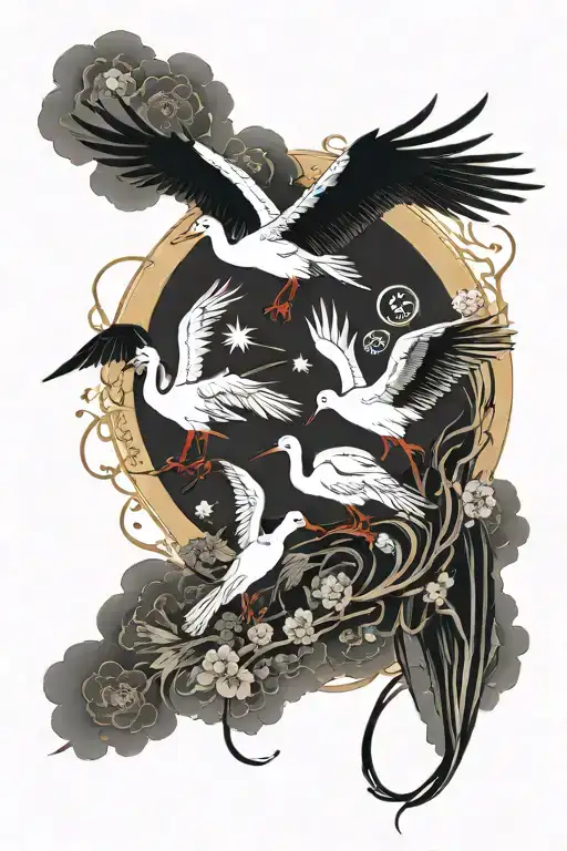 inside lined frame, storks flying toward sun moon tattoo design idea