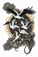 inside lined frame, storks flying toward sun moon tattoo design idea