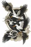 inside lined frame, storks flying toward sun moon tattoo design idea