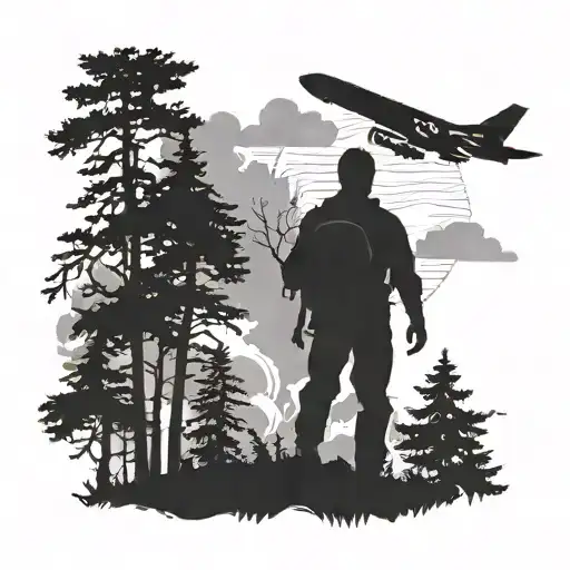 Black and white forest, with the silhouette of a hiker with a backpack, above the treetops theres clouds and an airplane tattoo design idea