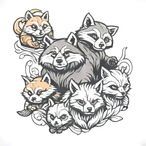 Tattoo with bear, otter, wolf, penguin and red panda in chibi version tattoo design idea