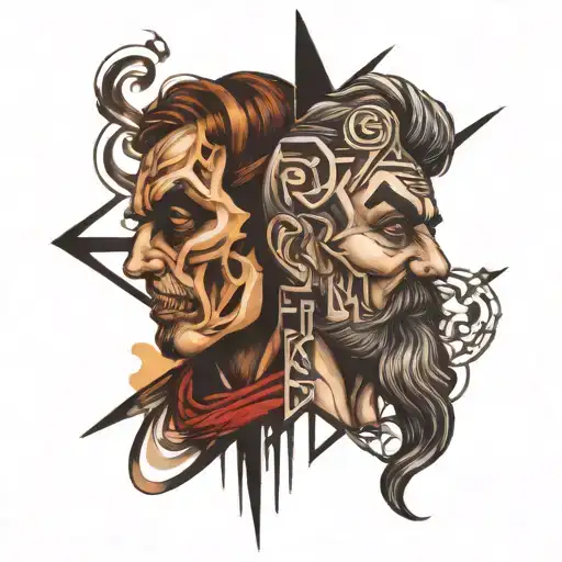 crossroads and man sitt Two faces tattoo design idea