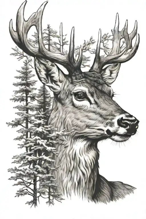 deer head with trees tattoo design idea