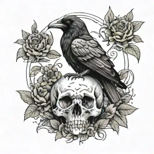 A gothic-inspired tattoo design featuring a raven perched on a skull surrounded by flowers tattoo design idea