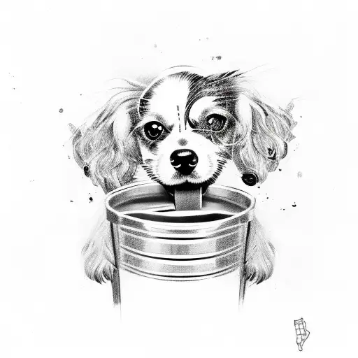 britney spaniel dog, in trashcan, poking head out,metal trashcan,trash falling tattoo design idea