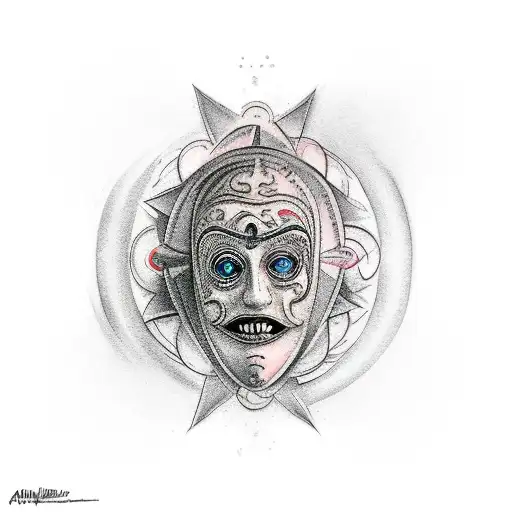 A tattoo design merging a Venetian tragedy and comedy mask, with a swirling starry night sky in the background, inspired tattoo design idea
